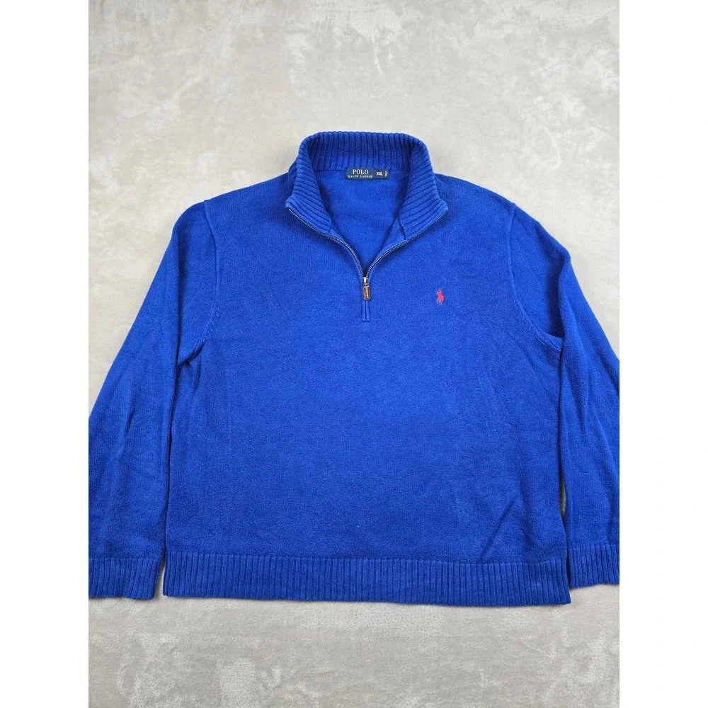 Polo Ralph Lauren Quarter Zip Sweater Mens XXL Blue Cotton Knit Red Pony Logo